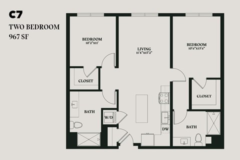 Floor plan for 2 beds, 2 baths, 967 sqft